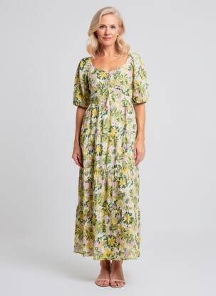 Robe mi-longue imprimé fantaisie manches courtes jaune ANGE femme