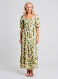 Robe mi-longue imprimé fantaisie manches courtes jaune ANGE femme