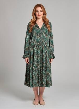 Robe mi-longue imprimé fantaisie manches longues vert POMME ROUGE femme