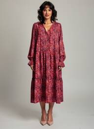 Robe mi-longue imprimé fantaisie manches longues rouge POMME ROUGE femme