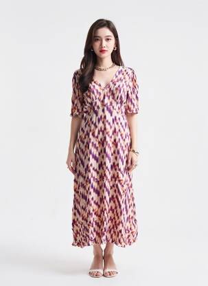 Robe mi-longue imprimé fantaisie manches courtes violet ICHI femme