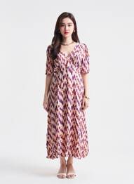 Robe mi-longue imprimé fantaisie manches courtes violet ICHI femme