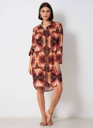 Robe mi-longue imprimé fantaisie manches longues marron APRIL VINTAGE femme