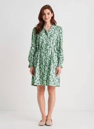 Robe mi-longue imprimé fantaisie manches longues vert ICHI femme