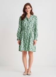 Robe mi-longue imprimé fantaisie manches longues vert ICHI femme