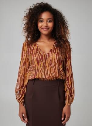 Blouse imprimé fantaisie manches longues marron ICHI femme