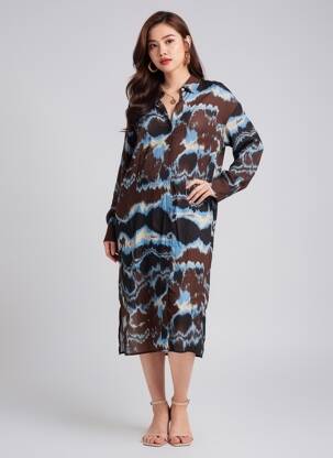 Robe mi-longue coupe fluide manches longues marron KAFFE femme