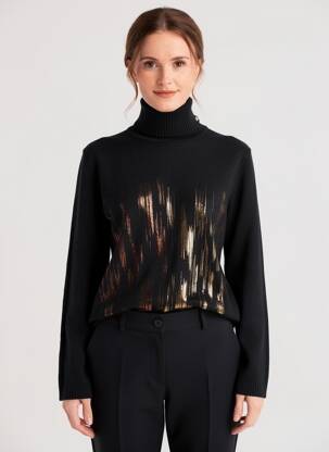 Pull col roulé coupe cintrée manches longues noir COULEURS DU TEMPS femme