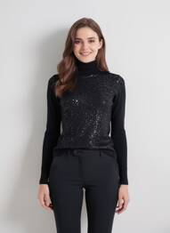 Pull col roulé coupe cintrée manches longues noir QUATTRO femme