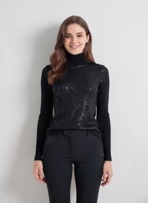 Pull col roulé coupe cintrée manches longues noir QUATTRO femme
