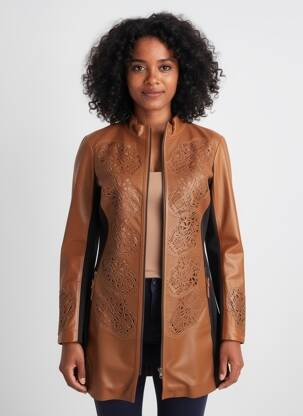 Veste en cuir col col montant marron AKHESA femme