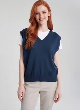 Pull stretch manches courtes bleu QUATTRO femme