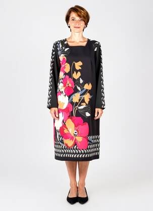 Robe mi-longue imprimé fleurs manches longues noir GUY DUBOUIS femme