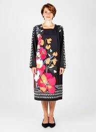 Robe mi-longue imprimé fleurs manches longues noir GUY DUBOUIS femme