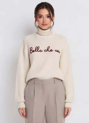 Pull col roulé stretch manches longues beige LUMINA femme