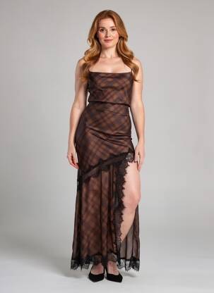 Robe longue imprimé fantaisie sans manche marron LUMINA femme