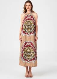 Robe longue imprimé fantaisie sans manche beige ANGELA DAVIS femme