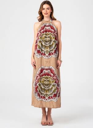 Robe longue imprimé fantaisie sans manche beige ANGELA DAVIS femme