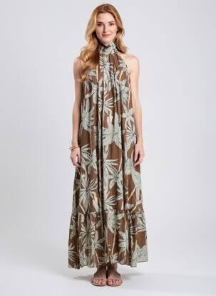 Robe longue imprimé fantaisie sans manche marron KING KONG femme