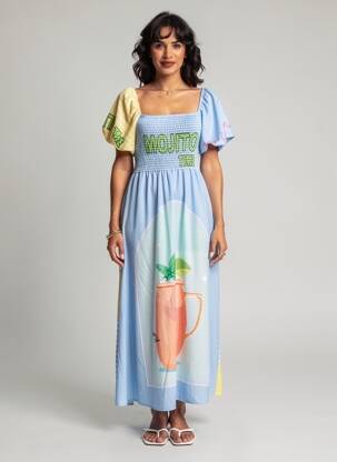 Robe longue imprimé fantaisie manches courtes bleu CIVICO 1 femme