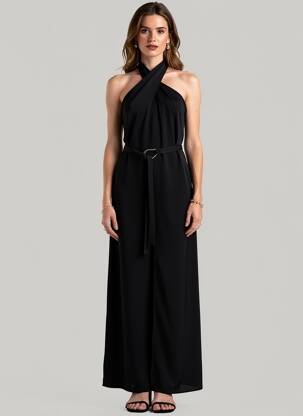 Combi-pantalon tissage crêpe fines bretelles noir LUMINA femme