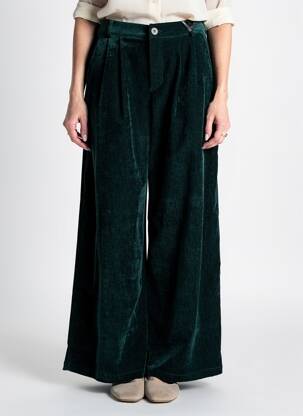 Pantalon large fermeture zippée sous rabat boutonné taille haute vert LUMINA femme