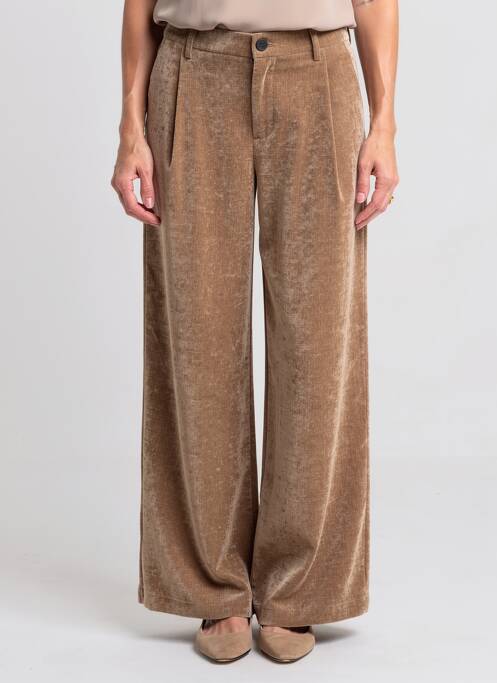 Pantalon large fermeture zippée sous rabat boutonné taille haute marron LUMINA femme