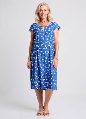 Robe mi-longue imprimé fleurs manches courtes bleu GUY DUBOUIS femme