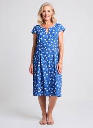 Robe mi-longue imprimé fleurs manches courtes bleu GUY DUBOUIS femme