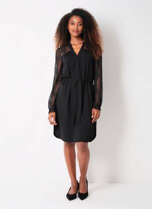Robe mi-longue tissage crêpe manches longues noir EMA BLUE'S femme