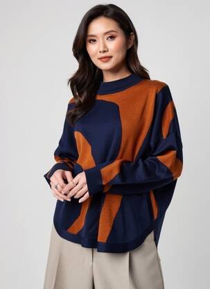 Pull coupe droite manches longues bleu SIGNATURE femme
