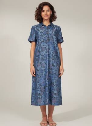 Robe mi-longue imprimé fantaisie manches courtes bleu ATIAN femme