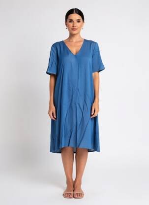 Robe mi-longue fermeture zippée au dos manches courtes bleu GEVANA femme