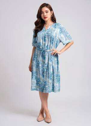 Robe mi-longue imprimé fantaisie manches courtes bleu GUY DUBOUIS femme