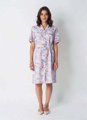 Robe mi-longue imprimé fantaisie manches courtes blanc GUY DUBOUIS femme