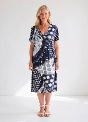 Robe mi-longue imprimé fantaisie manches courtes bleu MARBLE femme