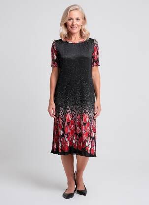 Robe mi-longue imprimé fantaisie manches courtes noir GEVANA femme
