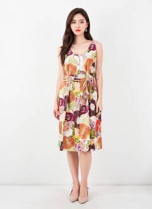 Robe mi-longue imprimé fantaisie sans manche orange GEVANA femme
