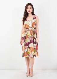 Robe mi-longue imprimé fantaisie sans manche orange GEVANA femme