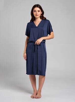 Robe mi-longue tissage crêpe manches courtes bleu MARBLE femme