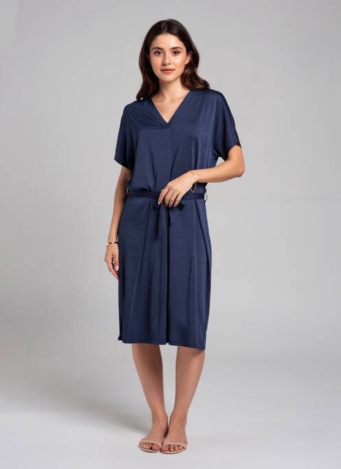 Robe mi-longue tissage crêpe manches courtes bleu MARBLE femme