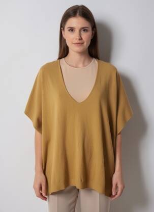 Pull tunique stretch manches courtes marron LAUREN VIDAL femme