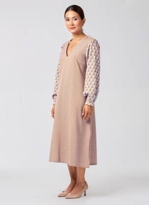 Robe mi-longue imprimé fantaisie manches longues marron NIU femme