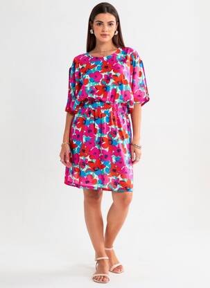 Robe mi-longue imprimé fantaisie manches courtes rose LILI SIDONIO femme
