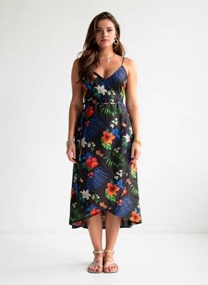 Robe mi-longue imprimé fleurs fines bretelles noir STRADIVARIUS femme