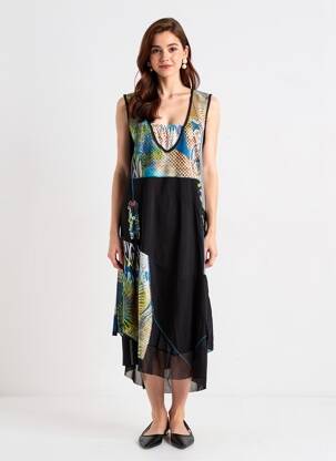Robe mi-longue coupe fluide sans manche noir EVANNA femme