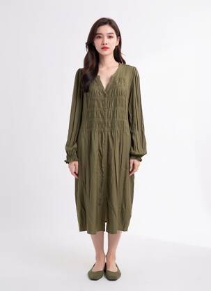 Robe mi-longue manches longues manches longues vert ZHENZI femme