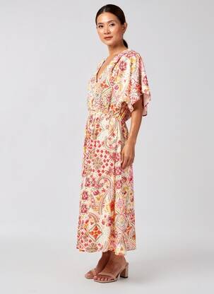 Robe longue imprimé fantaisie manches courtes beige C'EST BEAU LA VIE femme