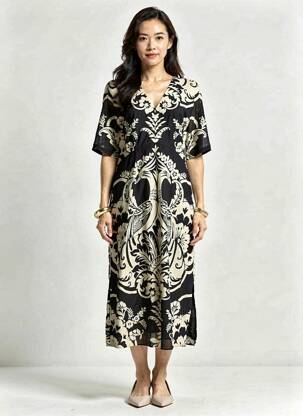 Robe longue imprimé fantaisie manches courtes noir JULIE GUERLANDE femme