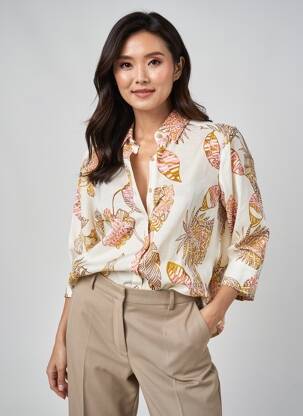 Chemisier imprimé fantaisie manches longues beige DEVERNOIS femme